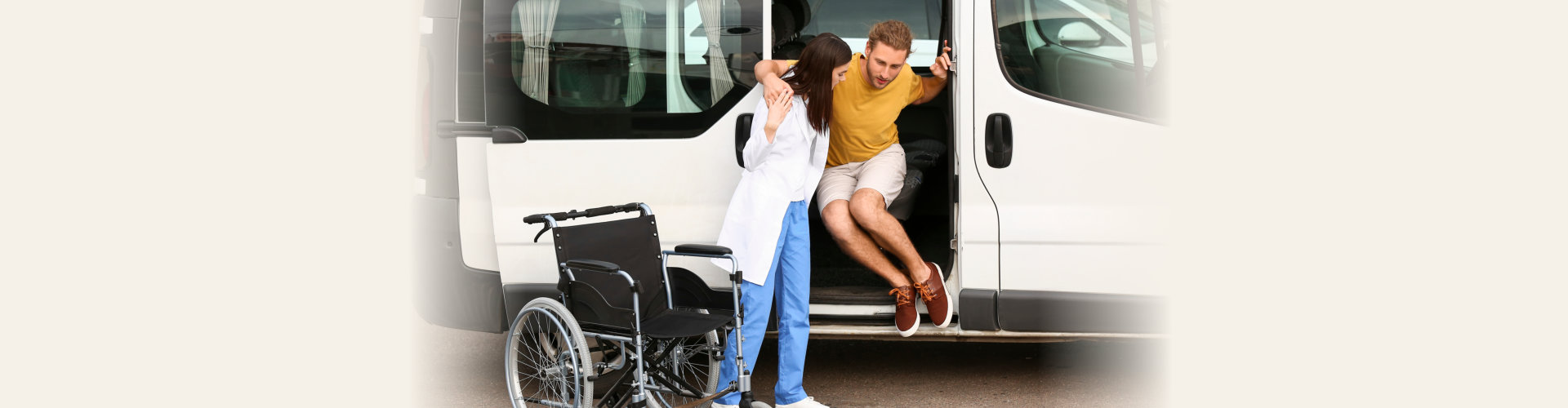 Doctor helping handicapped man to get down from the car